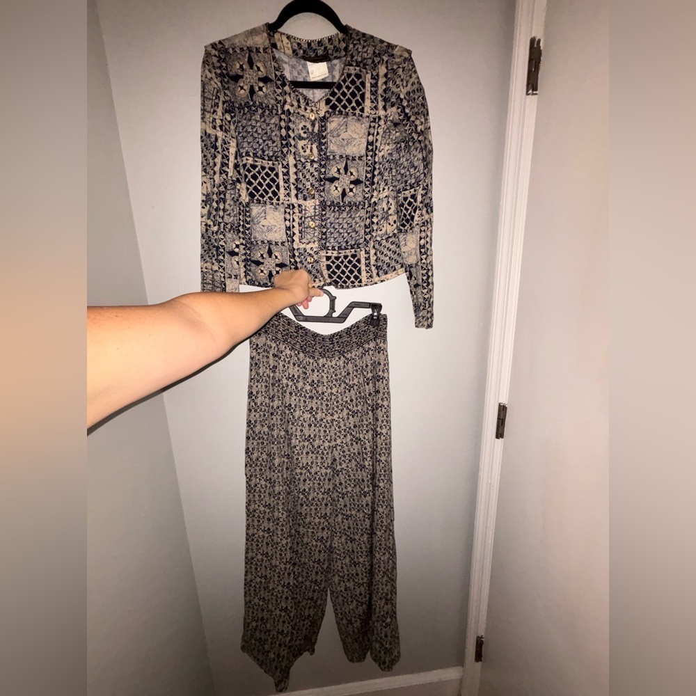 Vintage Two-Piece Set Geometric Patchwork Jacket and Pant